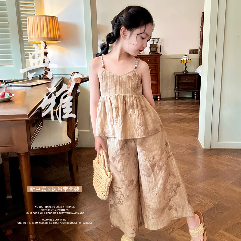 mini旦国风女童套装夏季2025新款儿童洋气吊带清凉感阔腿裤两件套