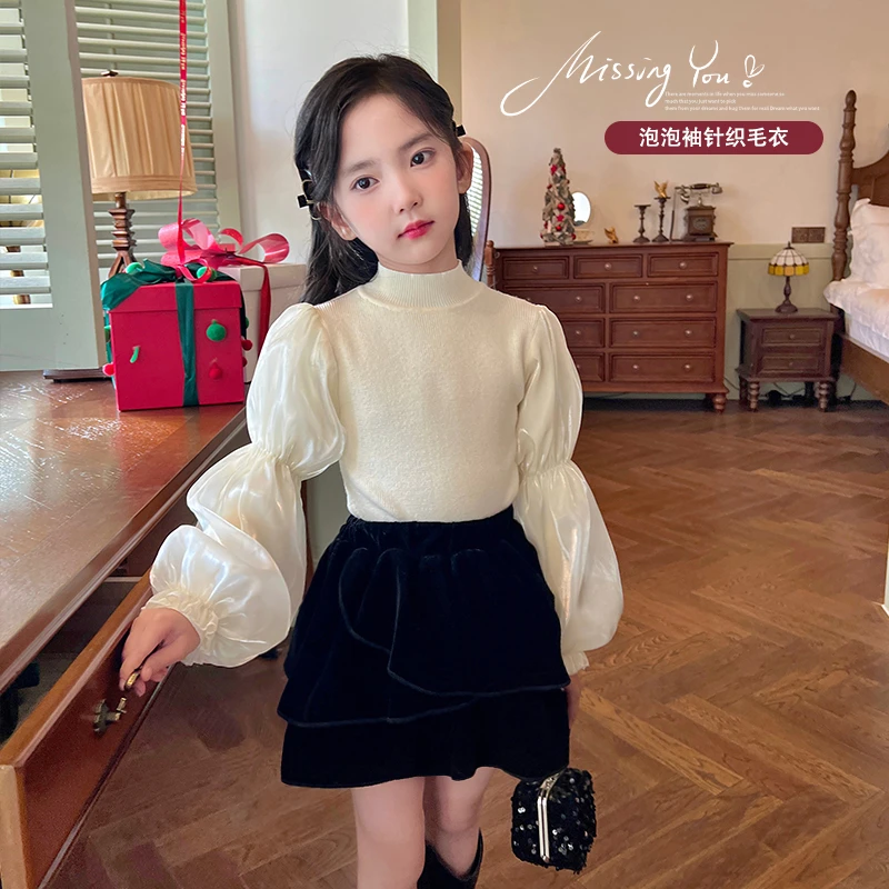 mini旦女童小香风针织衫冬装2023新款儿童气质灯笼袖高领保暖毛衣