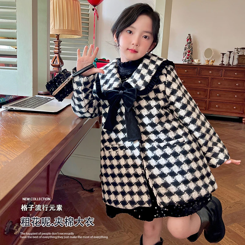 mini旦女童毛呢大衣冬装2023新款小香风千鸟格中长款夹棉保暖外套