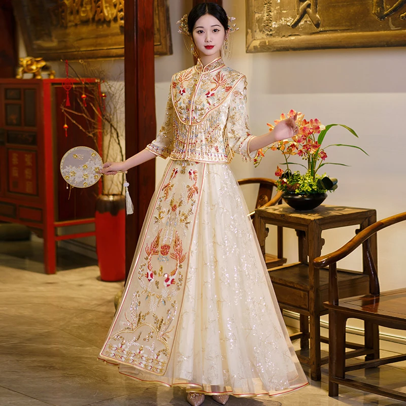 新款红色秀禾服新娘结婚香槟色敬酒服复古中式婚纱礼服高级出阁服
