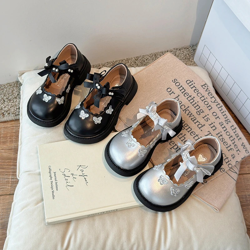 女童公主鞋春秋银色儿童单鞋洋气水钻蝴蝶结软底女孩玛丽珍小皮鞋