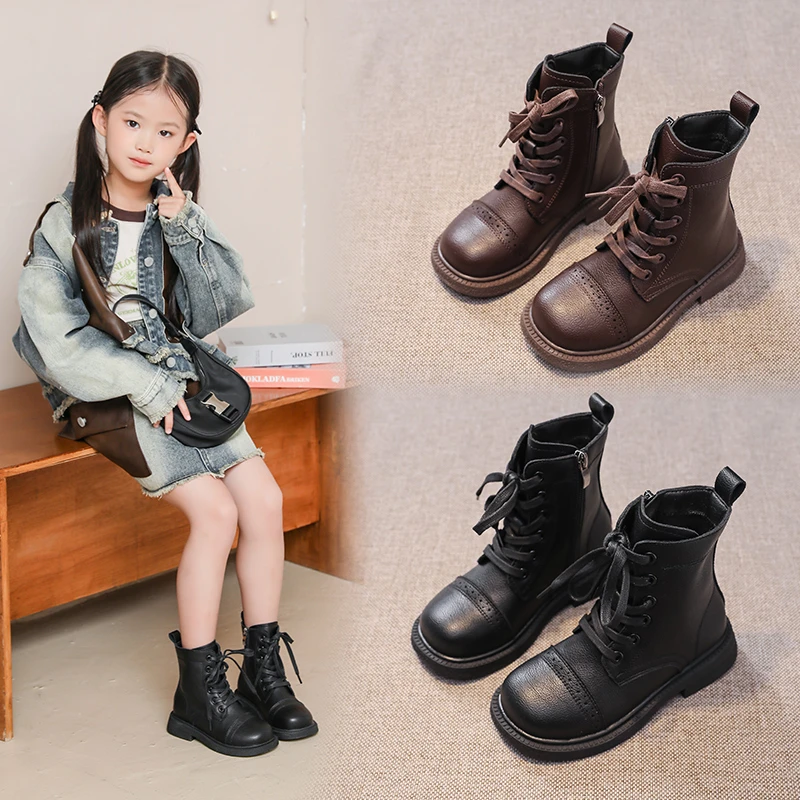 女童软皮马丁靴2024秋冬新款软底加绒时装靴中大童女孩子时尚单靴