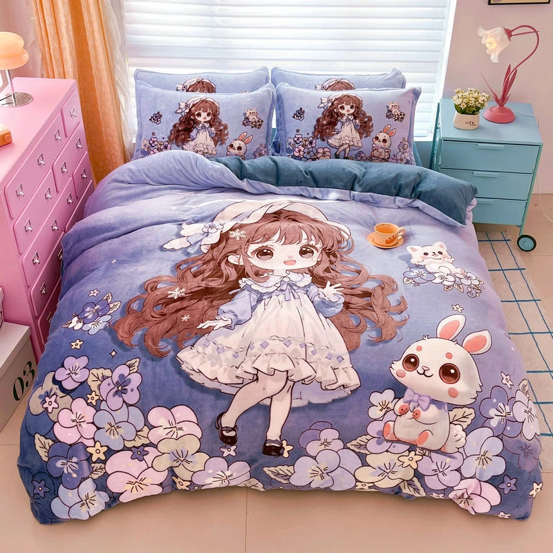 公主风牛奶绒床上加绒加厚被套冬季卡通女孩双面绒保暖学生床单款