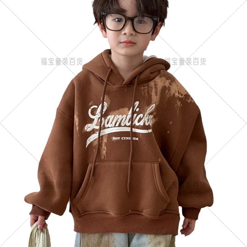 童卫衣冬季新品韩版儿童字母加绒卫衣男女童晕染时尚连帽上衣