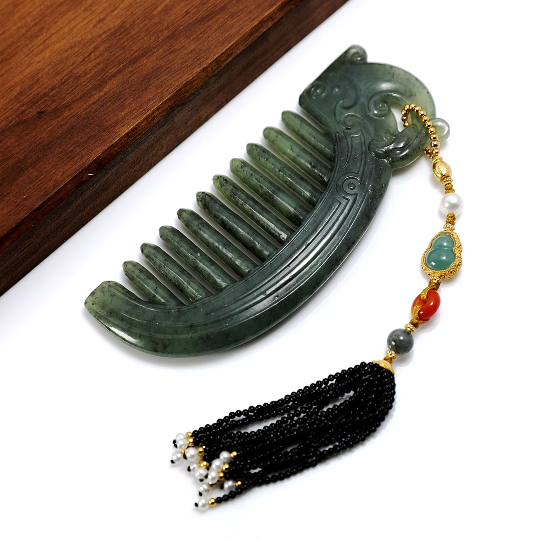 预售新疆和田玉墨绿玉梳RB242484尺寸约109mm