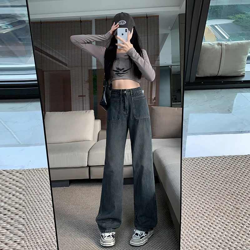 2185#水泥灰秋季宽松阔腿裤女高腰显瘦百搭牛仔长裤垂感休闲女裤