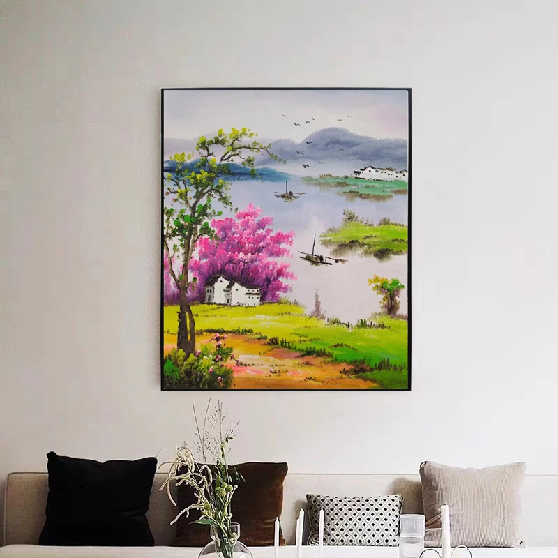 新中式江南水乡客厅玄关挂画山水油画餐厅装饰画实物现货发货手工