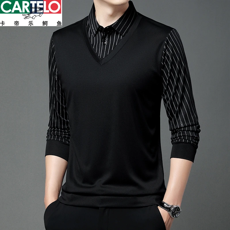 CARTELO/卡帝乐鳄鱼春秋男士假两件polo衫休闲T恤衬衫领纯色上衣