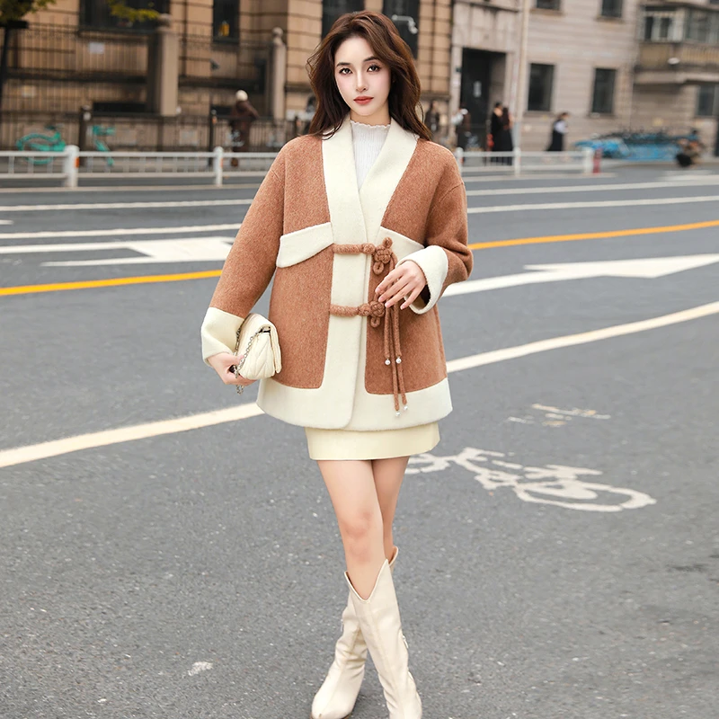 秋冬新款国风盘扣毛呢外套新中式女上衣复古大衣外套