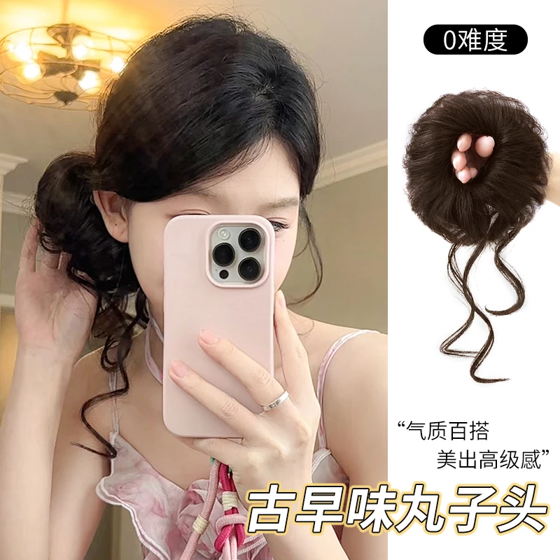 丸子头假发古早味侧边龙须丸子头盘发神器发包甜美蓬松假发发圈女