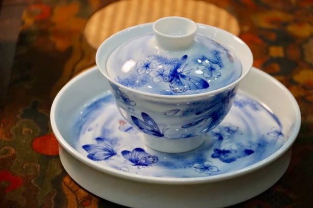 青花陶瓷套组星空梦蝶泡茶碗盖碗茶具