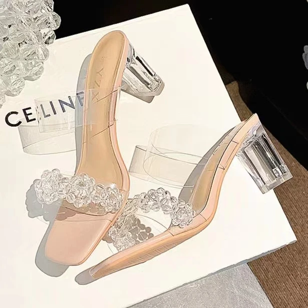 串珠水晶鞋2025夏季新款透明跟仙女鞋气质女鞋高跟凉拖