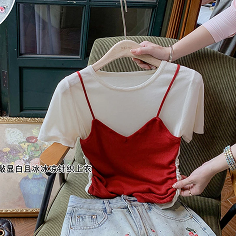 夏天敲显白 假两件短袖t恤女2024夏季新款薄款体恤设计感显瘦上衣
