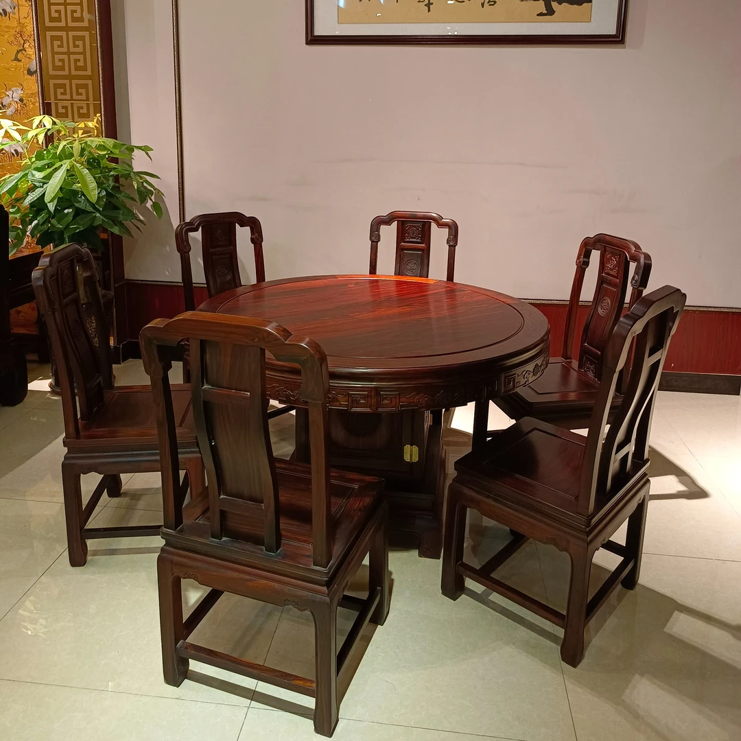 【木缘】印尼黑酸枝圆餐桌128圆台餐椅一桌配6椅