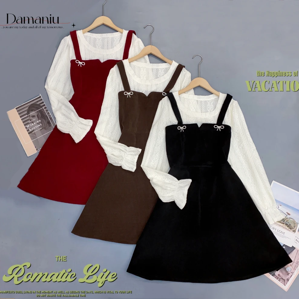 D·B精致甜美蝴蝶结假两件收腰连衣裙Q7378