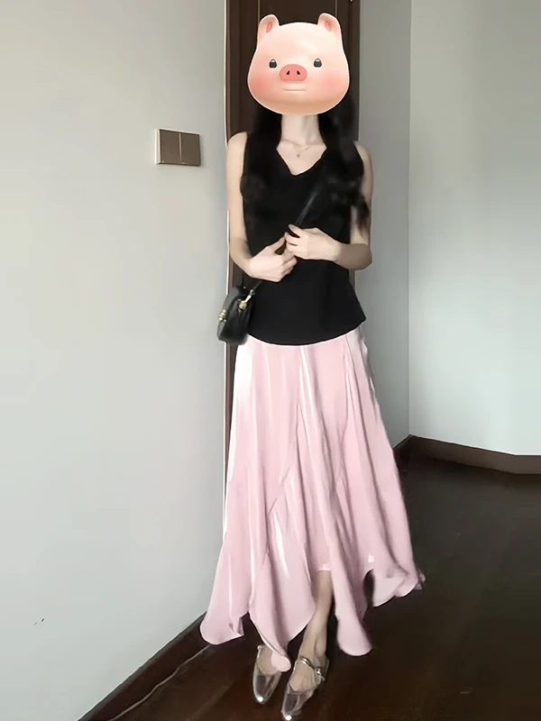 夏季法式甜美温柔风褶皱设计感挂脖背心+垂感不规则A字半身裙长裙