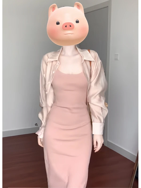 法式温柔风夏季粉色性感吊带连衣裙高级感气质包臀裙防晒长袖衬衫