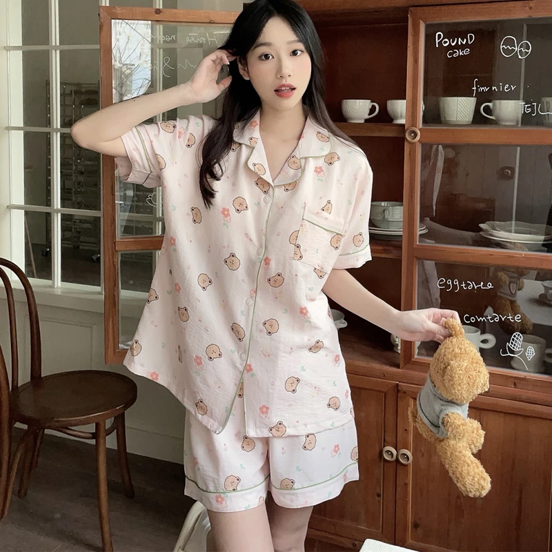 夏季新款云朵棉带胸垫睡衣女士短袖短裤两件套可爱小熊家居服套装