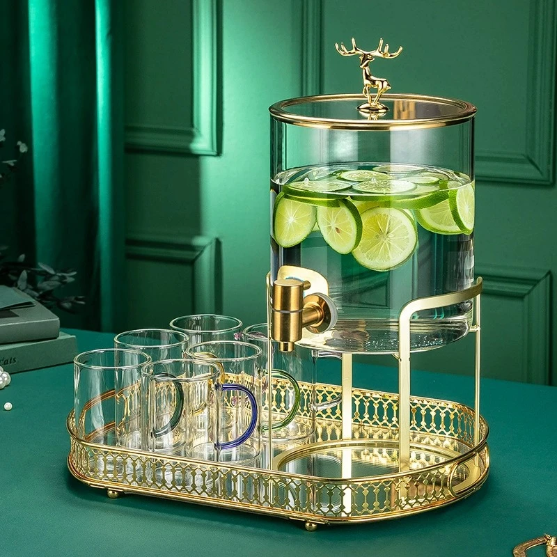 冷水壶带龙头大容量耐高温玻璃凉白开壶水杯套装轻奢家用水果茶桶