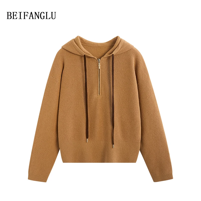 北方鹿【缪系复古撞色】绵羊毛2024冬季百搭坑条连帽针织羊毛衫2919