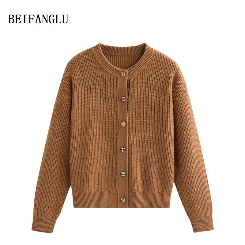 北方鹿 100%绵羊毛 经典格子布包扣 气质坑条圆领针织开衫1328