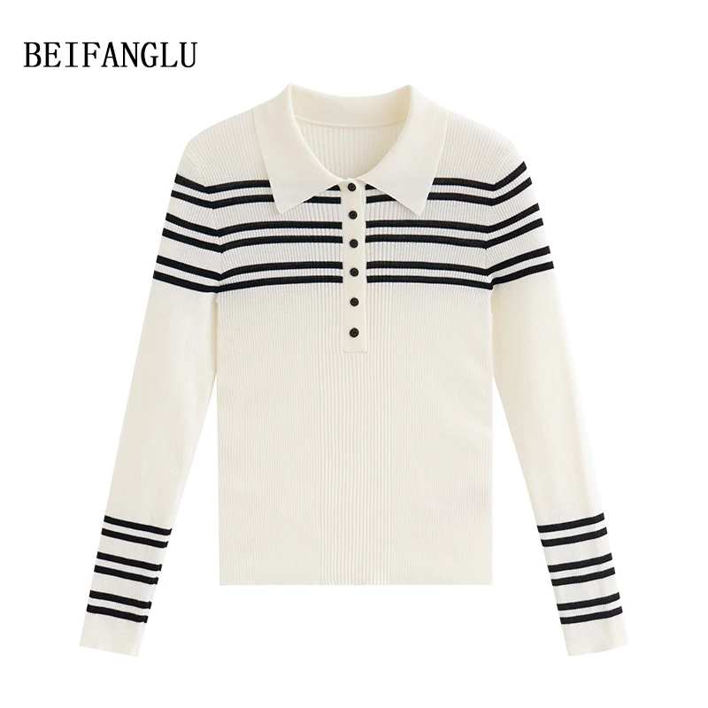 北方鹿 精纺细支羊毛#早秋新品2024女士条纹POLO领针织打底衫1131
