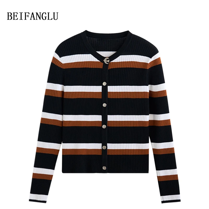 北方鹿E系列精纺羊毛秋冬新品2024撞色条纹长袖坑条针织衫6928