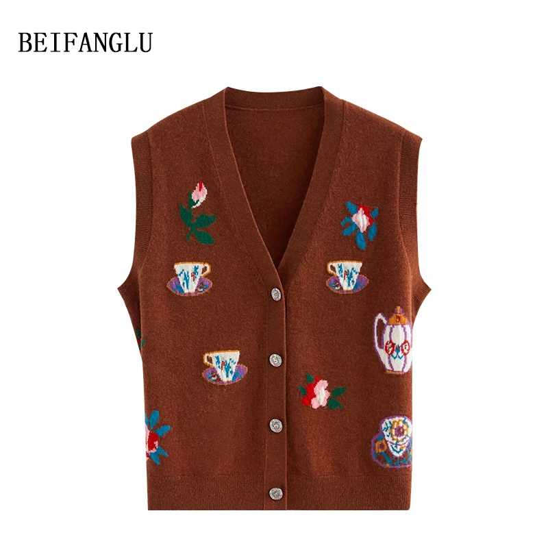 北方鹿【秀场穿搭】秋轻奢重工提花V领无袖外搭羊毛针织马甲1201