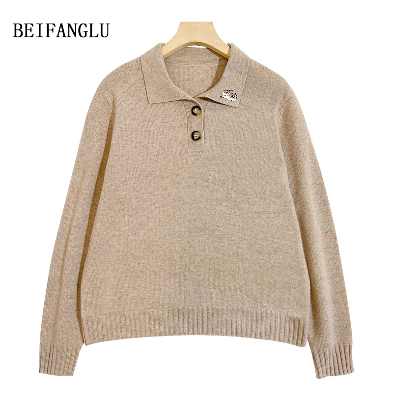 北方鹿【美翻~重磅山羊绒】气质POLO领刺绣小刺猬羊绒针织衫女5539