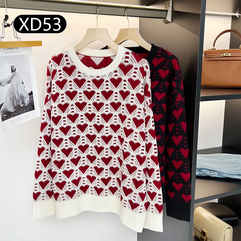 【北方鹿】秋冬新款爱心圆领长袖宽松套头羊毛针织衫XD53