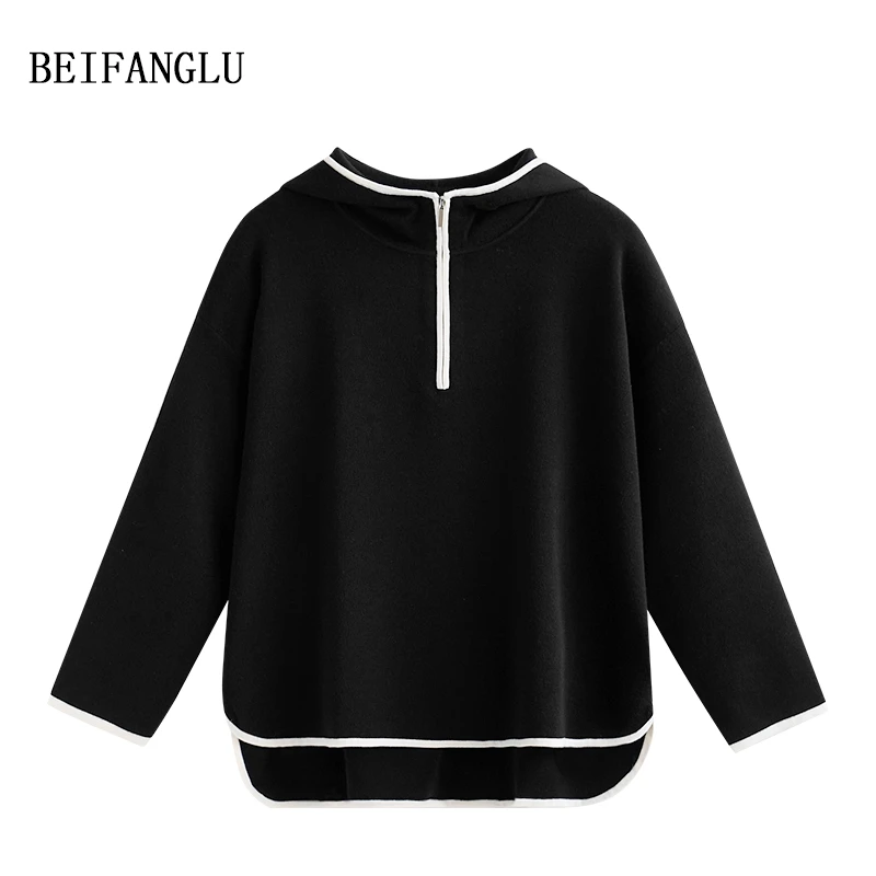 北方鹿 品牌柜单/法式轻奢连帽撞色条纹随性舒适针织羊毛衫女5120