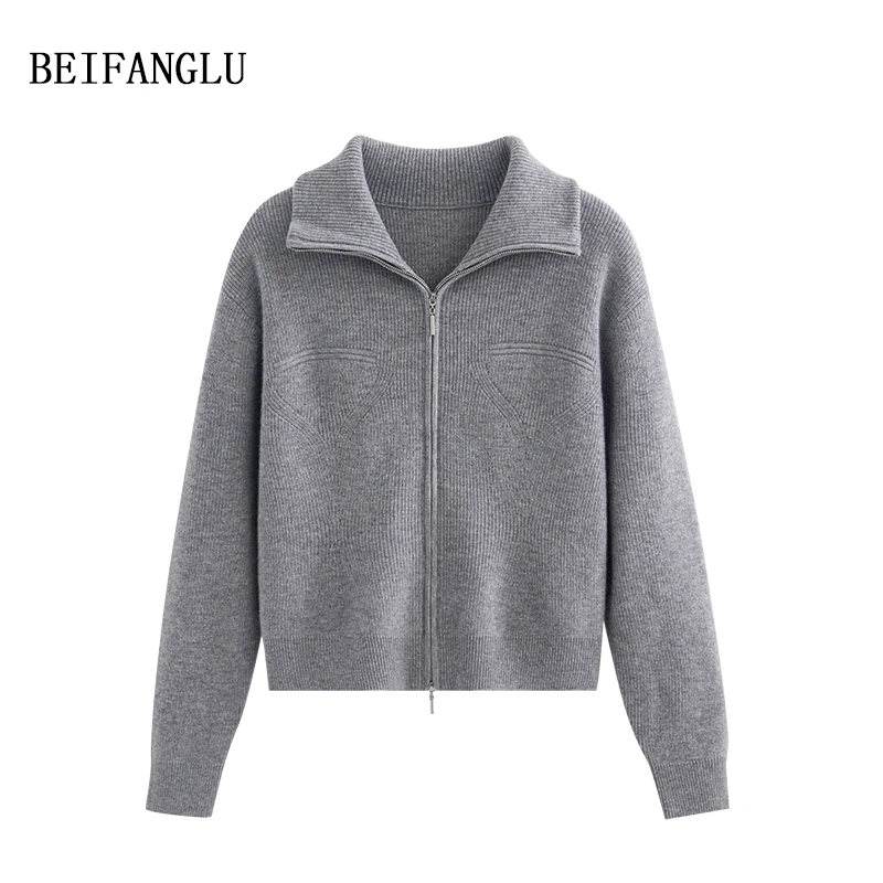 北方鹿 BC翻领羊毛开衫！2024秋冬气质坑条拉链长袖毛衣外套2632