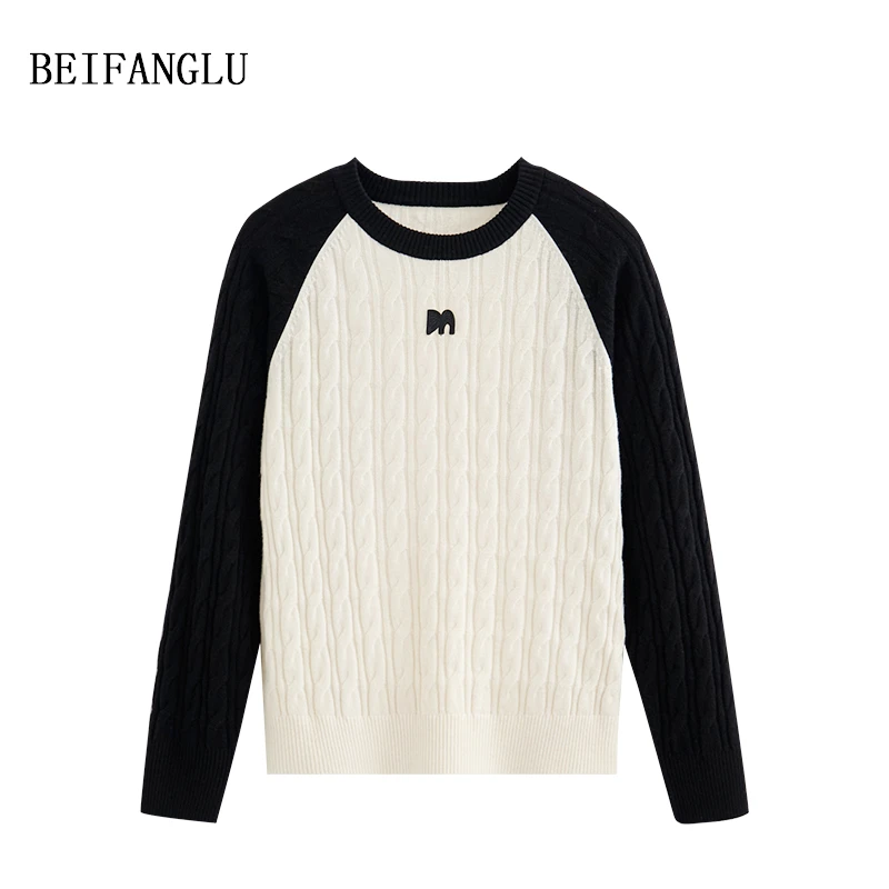 北方鹿【M*黑白调小象】羊毛2024秋冬气质绞花套头针织毛衣女6110