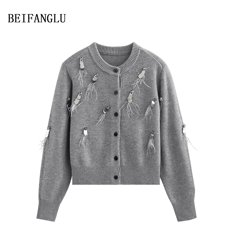 北方鹿【黑天鹅羽毛珠片】羊毛秋冬气质羽毛流苏长袖针织开衫6316