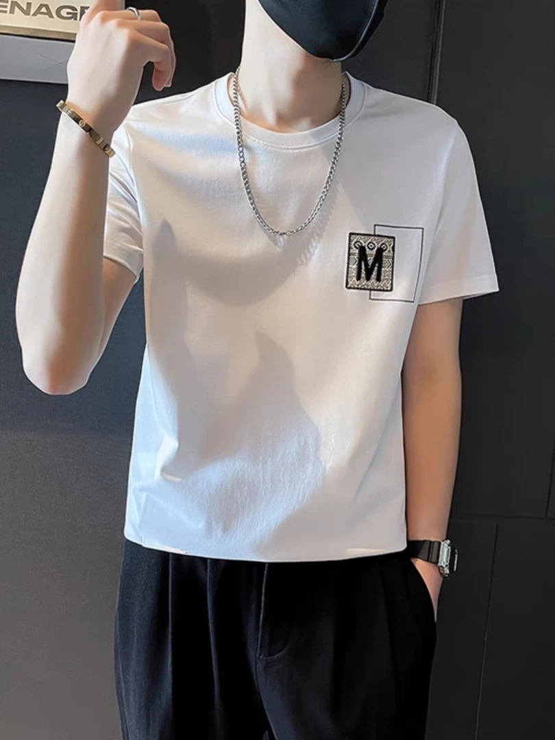 夏季潮牌短袖T恤男2025新款韩版简约时尚印花痞帅半截袖打底衫T恤