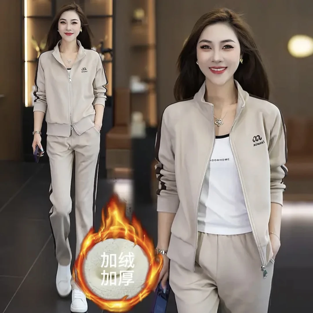 冬季加绒加厚羊羔绒减龄时尚洋气宽松大码休闲运动套装女两件套