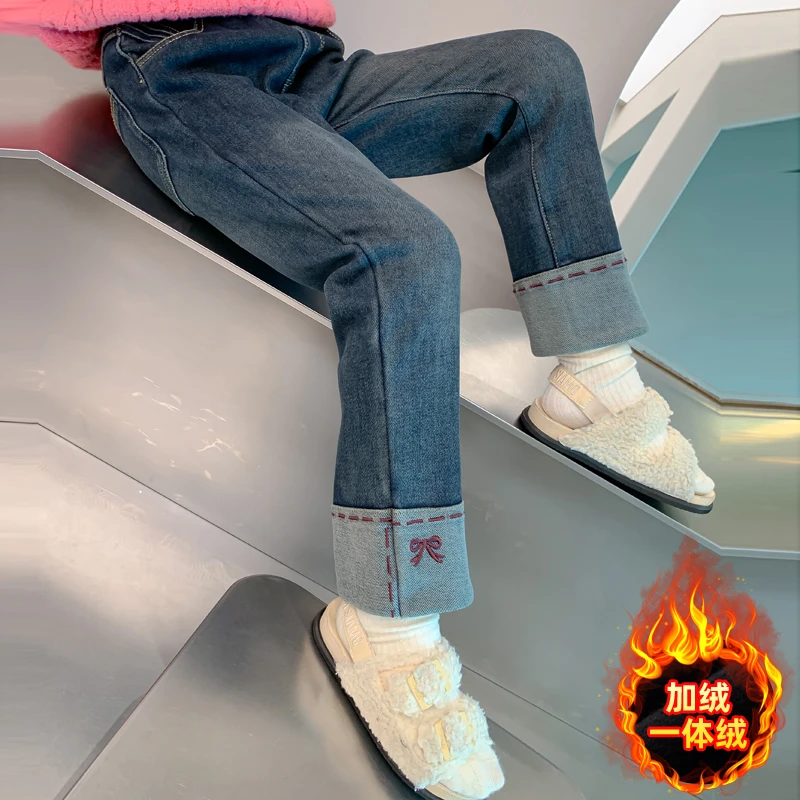 女童秋冬装牛仔裤2025新款儿童洋气韩版女孩冬季加绒加厚修身裤子