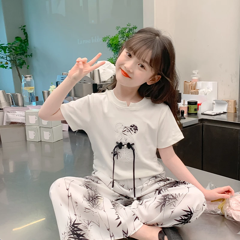 女童夏装套装2024新款儿童洋气时髦夏季国风中式短袖中大童两件套