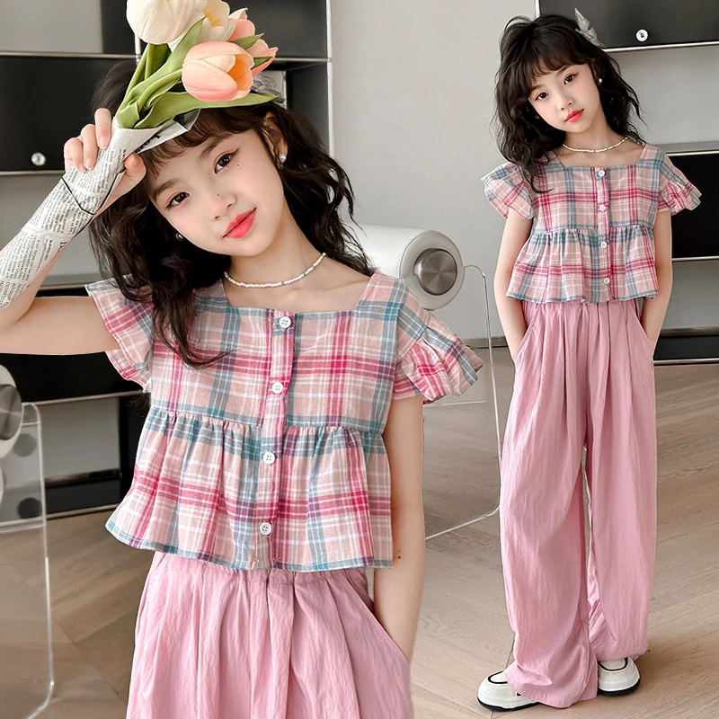 女童娃娃衫短袖套装夏款2024网红洋气格子衬衫女孩阔腿裤两件套潮