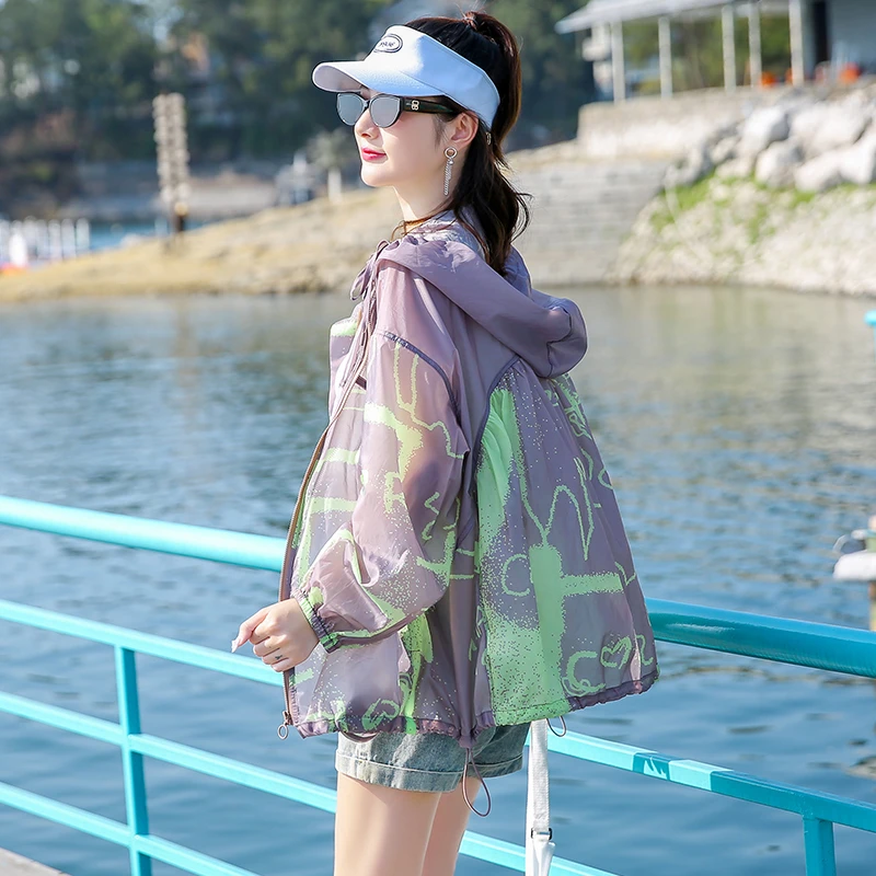 轻薄透气防晒衣印花外套女2024夏新款减龄宽松显瘦连帽时尚薄上衣