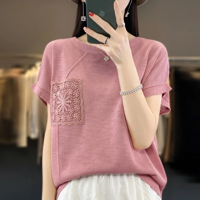 竹节麻T恤清凉透气钩花刺绣短袖宽松显瘦百搭垂顺圆领针织短袖