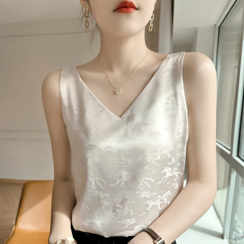 女士缎面提花新国风小马国风丝滑双肩吊带背心外穿百搭打底无袖