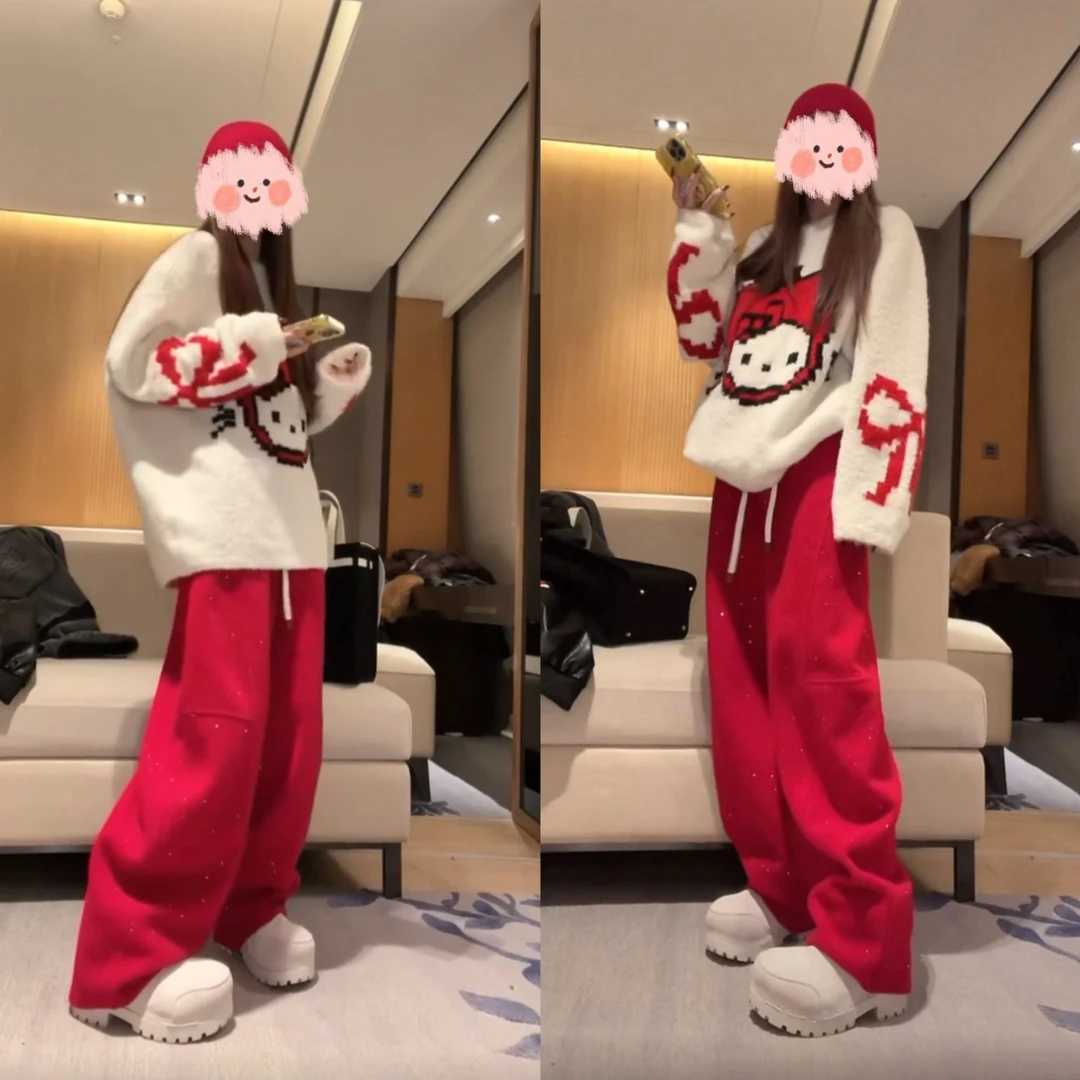 欧货圣诞新年苹果头纯色毛衣细闪洒金加厚百搭阔腿裤套装女秋冬