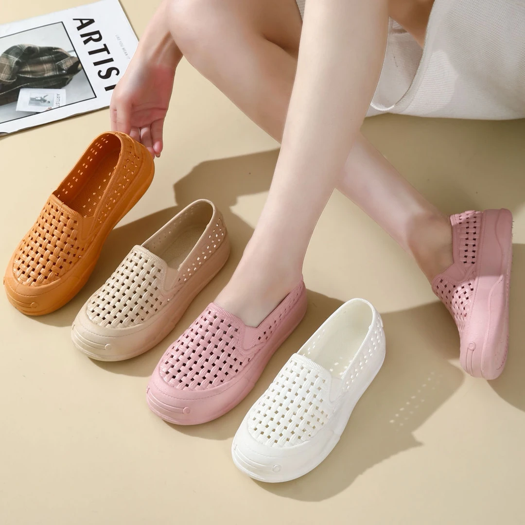 夏季纯色厚底女生凉鞋镂空包头洞洞鞋透气沙滩鞋防水防滑雨鞋软底