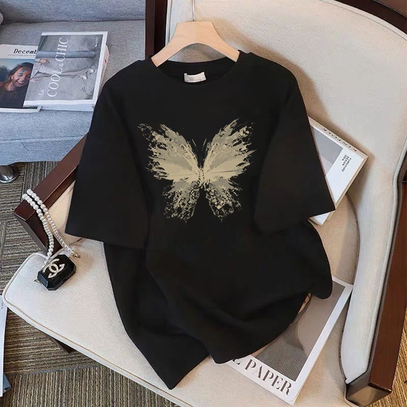 【100%棉】2025黑色印花短袖T恤女夏季百搭通用透气半袖新款大码