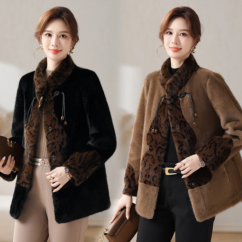 妈妈水貂绒外套女秋冬时尚毛呢大衣立领中老年人女中长款上衣新款