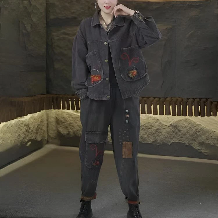 新中式盘扣新款春秋牛仔套装宽松百搭上衣时尚外套秋季复古气质女