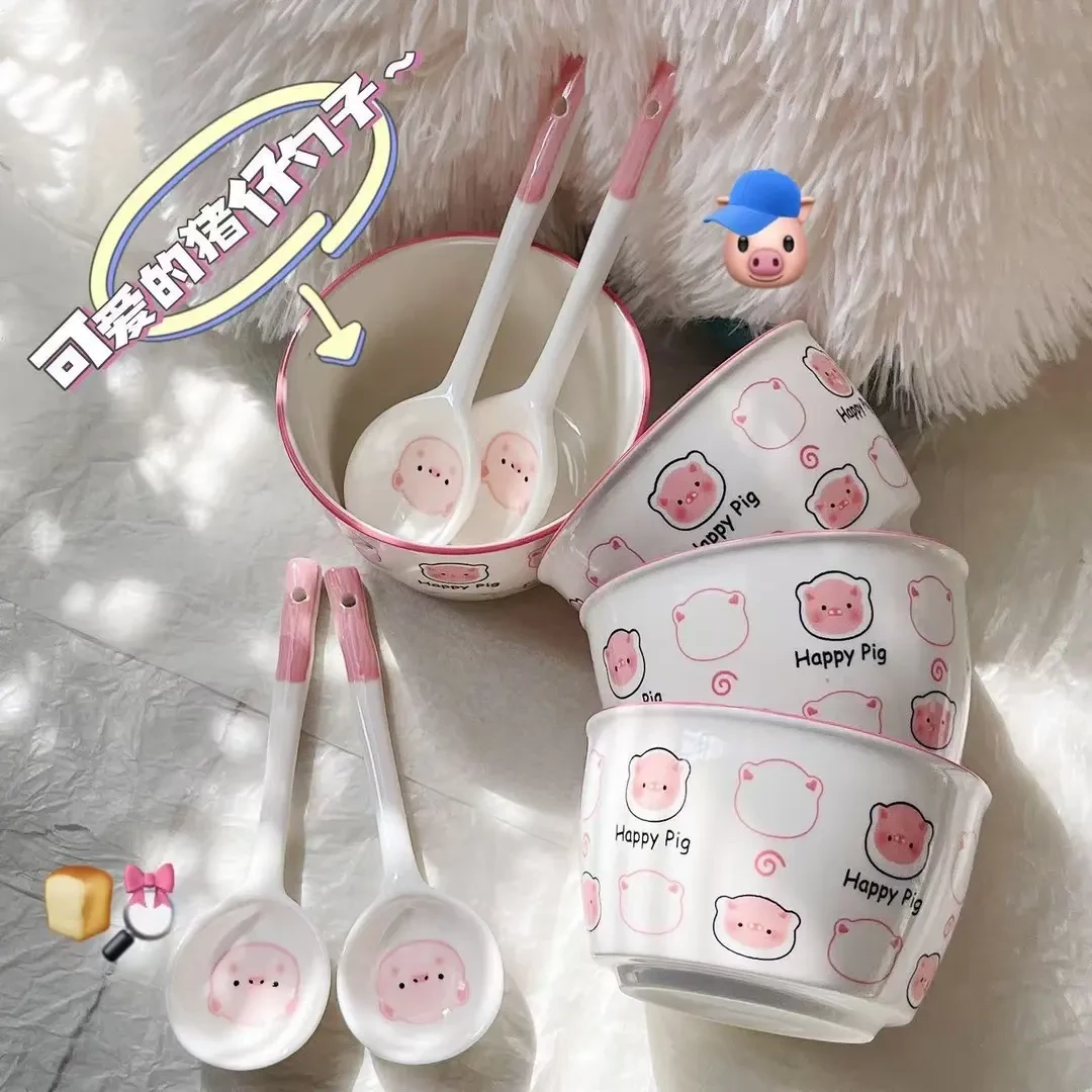 happy猪猪套装陶瓷ins家用可爱少女釉下彩饭碗高颜值餐具Fk