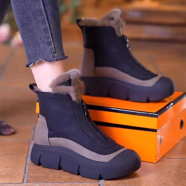 【T】真皮加绒加厚东北棉鞋女冬季新款厚底雪地靴防滑轻便复古靴子
