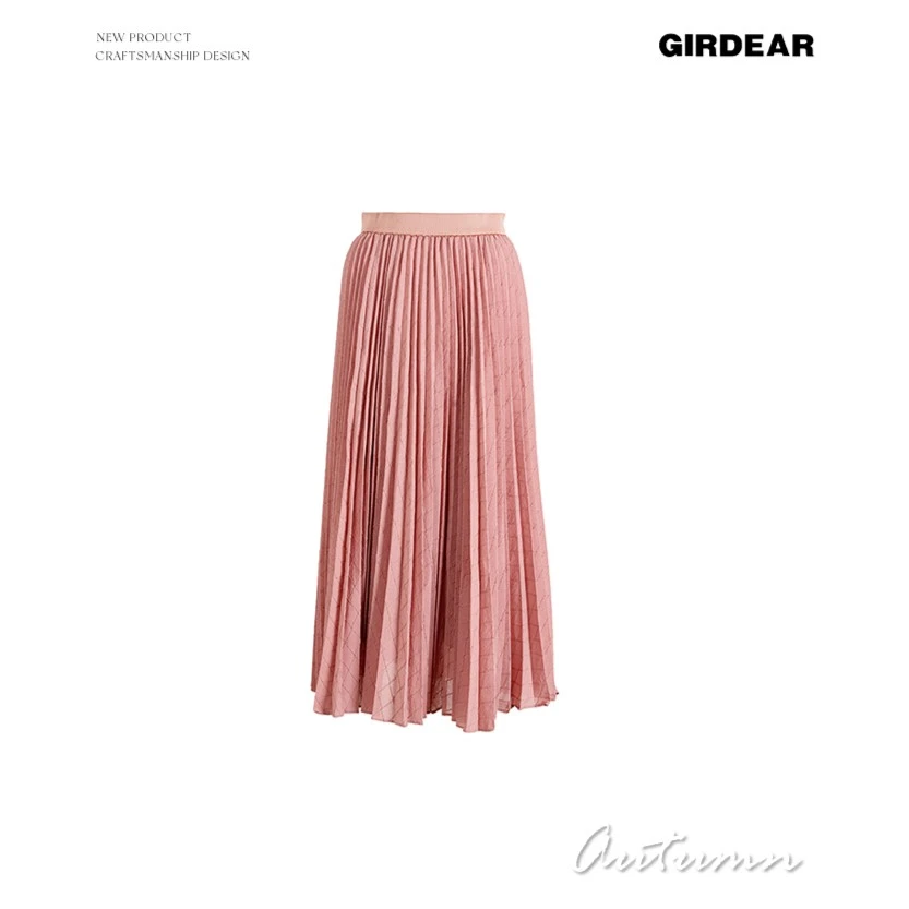 GIRDEAR/哥弟秋季新款百搭显瘦垂感松紧腰中长百褶半身裙-1200133
